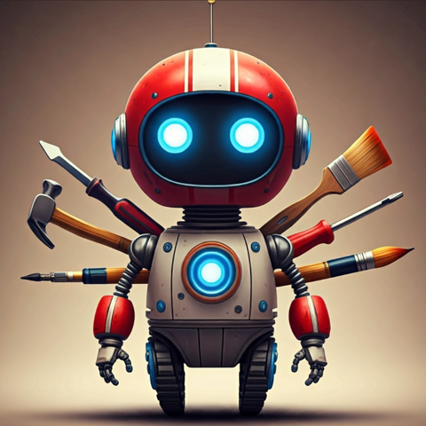 A small robot whose arms are a hammer, a screwdriver, paintbrushes and pens